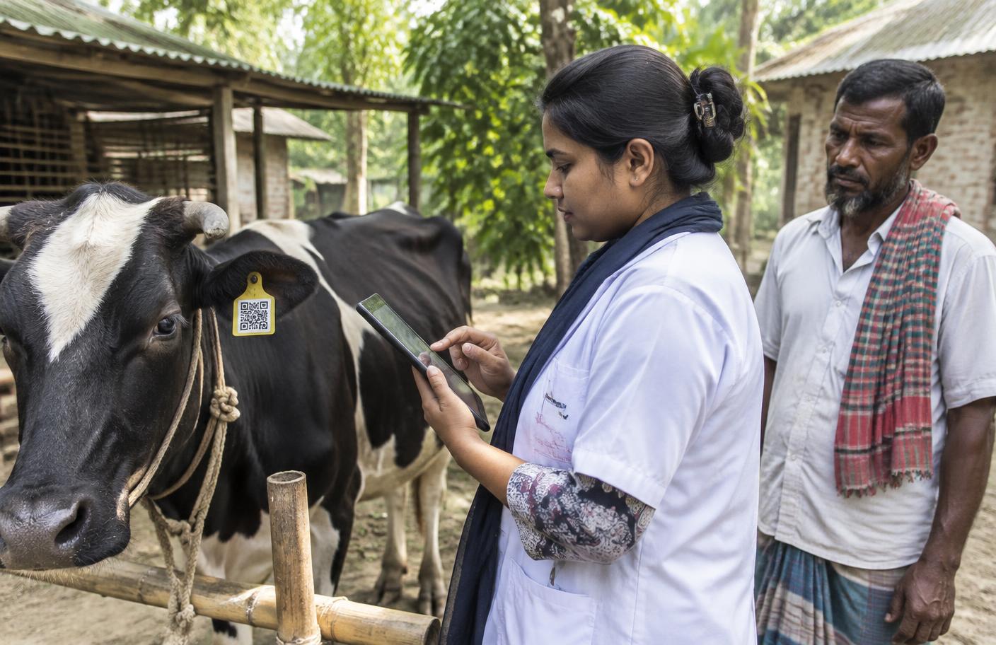 Field officer registering a cow with digital identification in rural Bangladesh